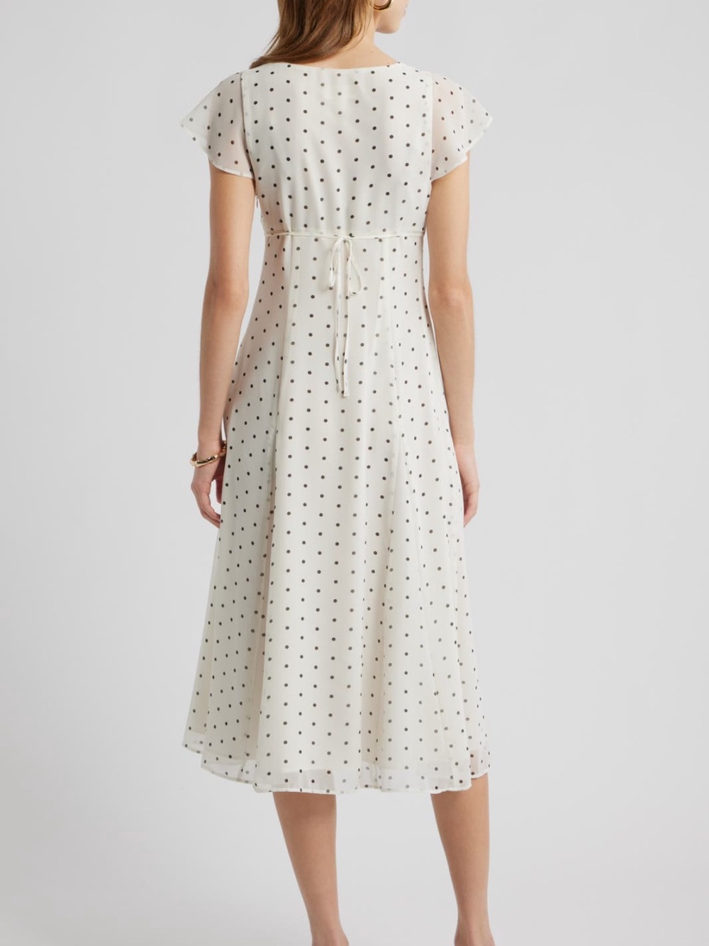 Polka Dot V-Neck Midi Dress in Ivory and Black Godet Pleat - Picture 2 of 5